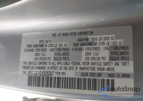 2018 Mazda Cx-9 Signature z USA, uszkodzony, nr VIN JM3TCBEY9J0229347